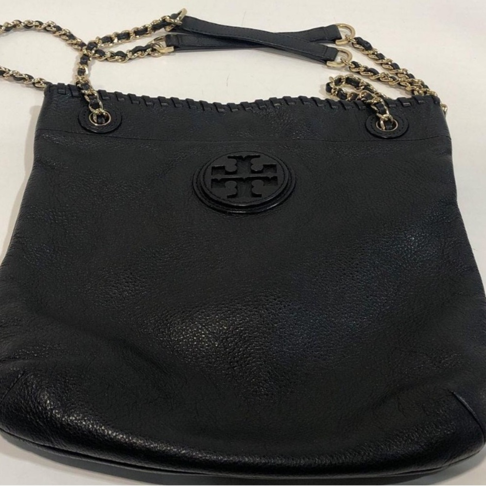 Women’s Tory Burch Marion Whipstitch Black Pebble Grain Leather Shoulder Bag